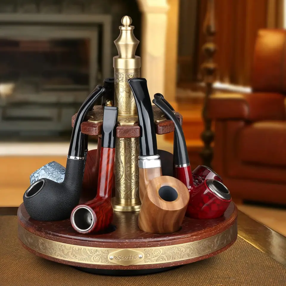 Scotte Tobacco Pipe Stand Wooden 360 Degree Rotatable Tobacco Pipe Display  Rack for 8 Pipes with Carved Pattern Decoration