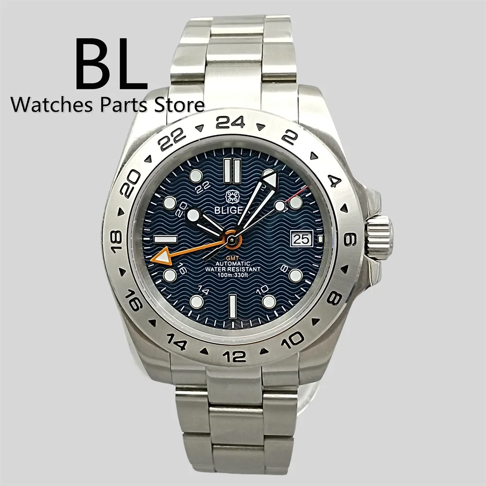 BLIGER 40mm Watch For Men NH34 GMT Automatic Black White Blue Wave Dial Orange GMT C3 Green Luminous Sapphire Glass 24Hour Bezel