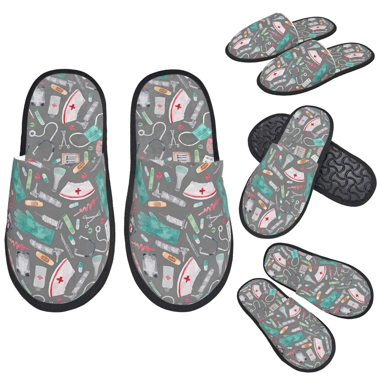 Custom Medical Pattern Doctor Nurse Watercolor Grey Texture Slippers Memory Foam Soft Women House Slipper Indoor Fluffy Shoes