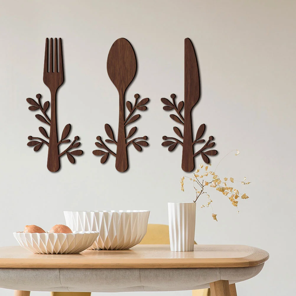 3 Pcs Household Tableware Knife and Fork Wall Decoration Emblems Rustic Kitchen Wood Signs