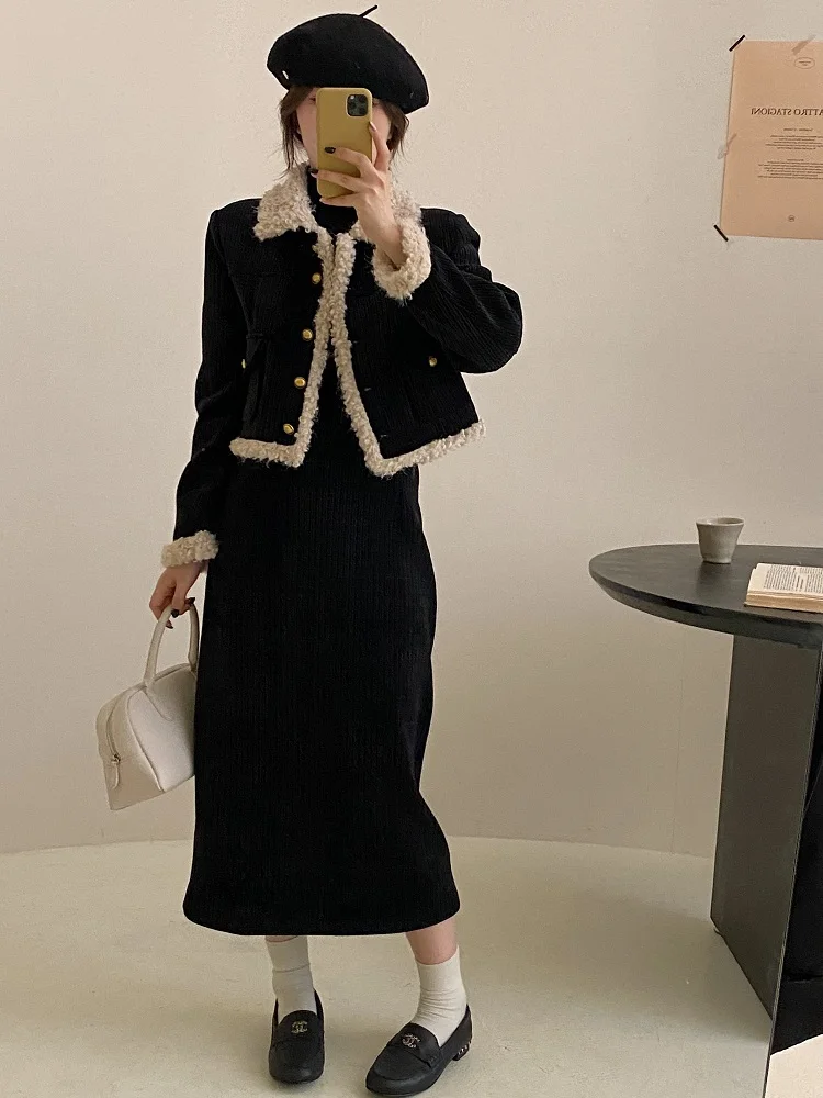 Women's Down Jacket Skirt Set in Classic Style with Lamb Wool Short Coat for Autumn/Winter 2024 Women Female Office Lady Set