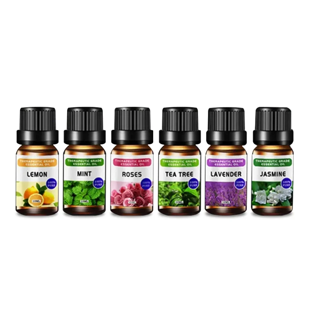 Zestaw 6 olejków eterycznych do aromaterapii - cytryna, mięta, róża, drzewo herbaciane, lawenda, jaśmin, naturalny ekstrakt roślinny do domu i biura