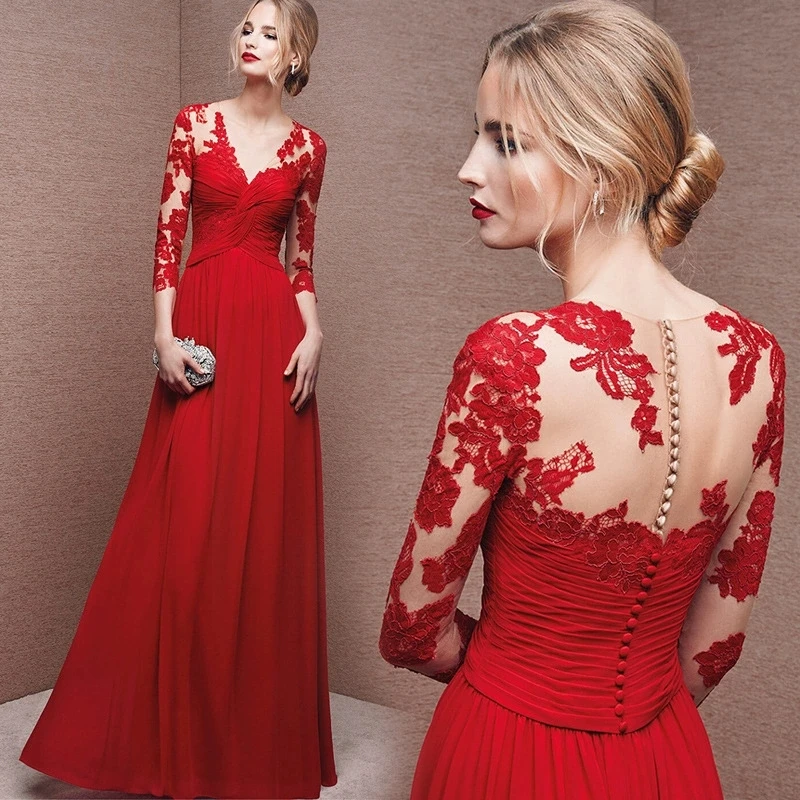 

Classic Red Formal Evening Dresses V-Neck Long Illusion Sleeves Lace Chiffon A-line Prom Celebrity Party Dresses Robe De Soriee