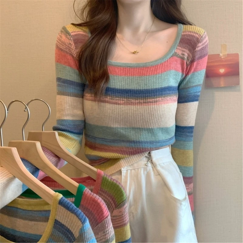 Autumn Spring Long Sleeve Striped Pullover Women Sweater Knitted Sweaters Square-neck Tops Stripe Jumper Female Costume Dropship