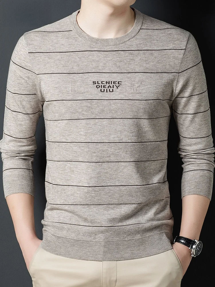 

Мужской вязаный свитер приталенного кроя, круглый, весенне-осенний, в полоску, из смеси шерсти, базовый слой, модная повседневная деловая одежда