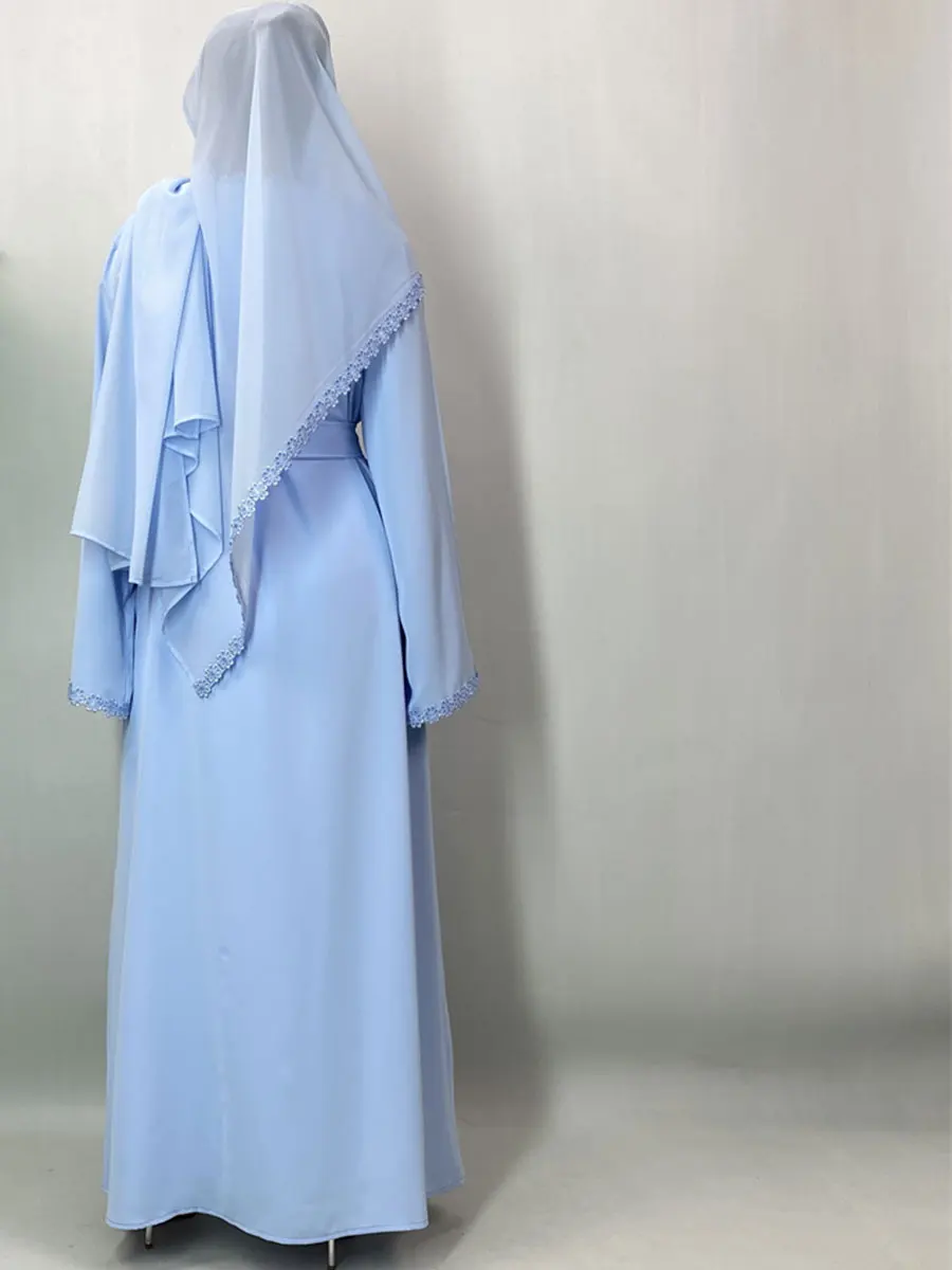 Women Lace Trim Open Abaya Set Flare Sleeve Dubai Muslim Robe With Hijab 2‑Pieces Outfit for Eid Ramadan Party