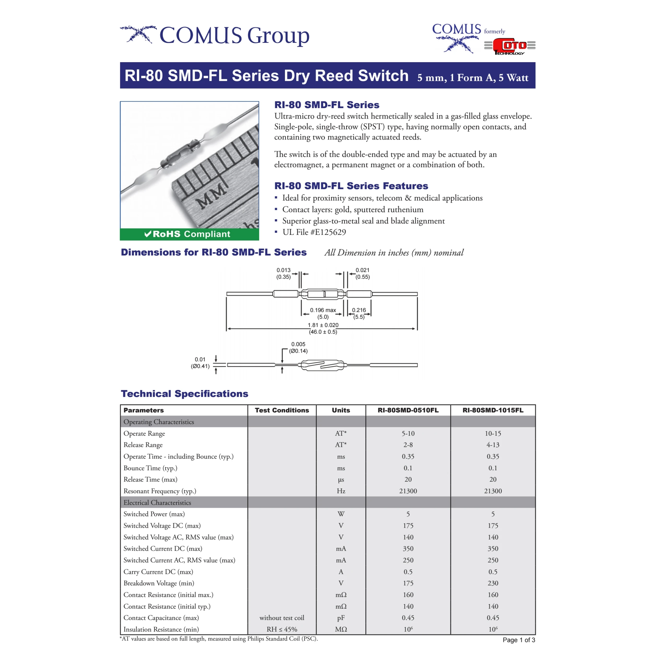 10/100 шт. оригинальный микро-сухой геркон RI-80 1,8*5 мм нормально открытый N/O 0,5A 5 Вт 175 В магнитный контактный переключатель индукционный датчик
