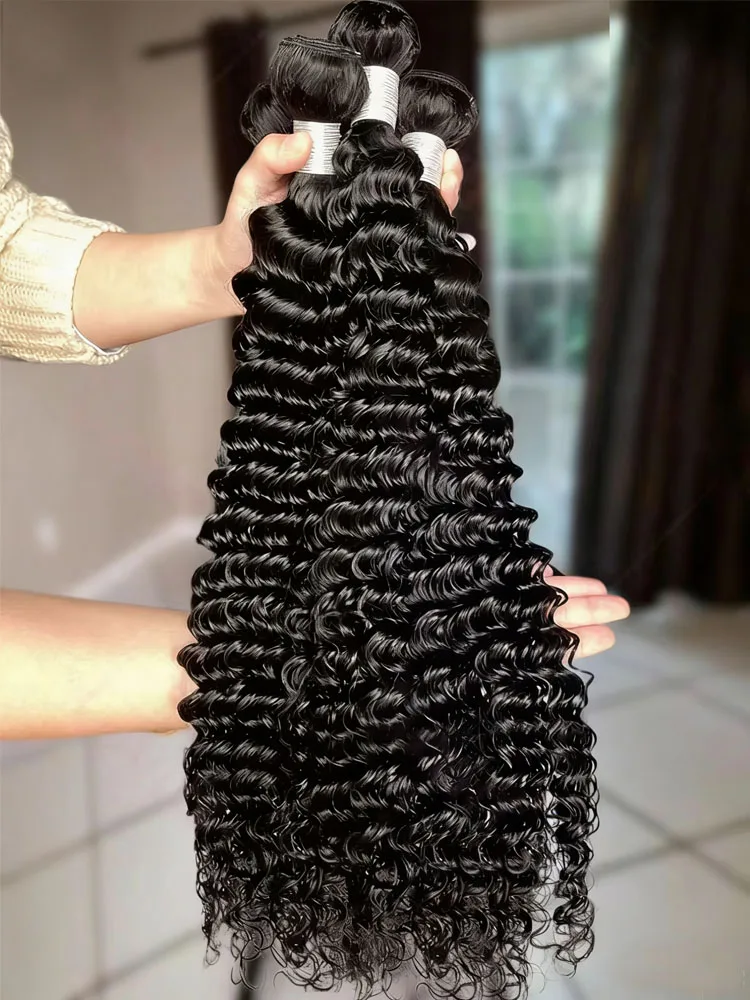 Deep Curly Bundles Human Hair 30 34 Inch Deep Wave Raw Hair Bundles Unprocessed Double Weft Hair Extensions Weave