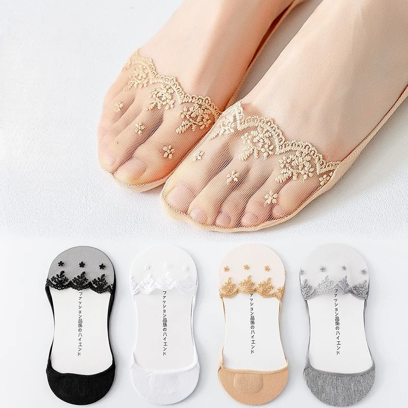 

Women's Invisible Lace Socks No Show with Anti Slip Gel Grips Stay on Heel Ultra Thin Comfortable Socks for Summer Fashion
