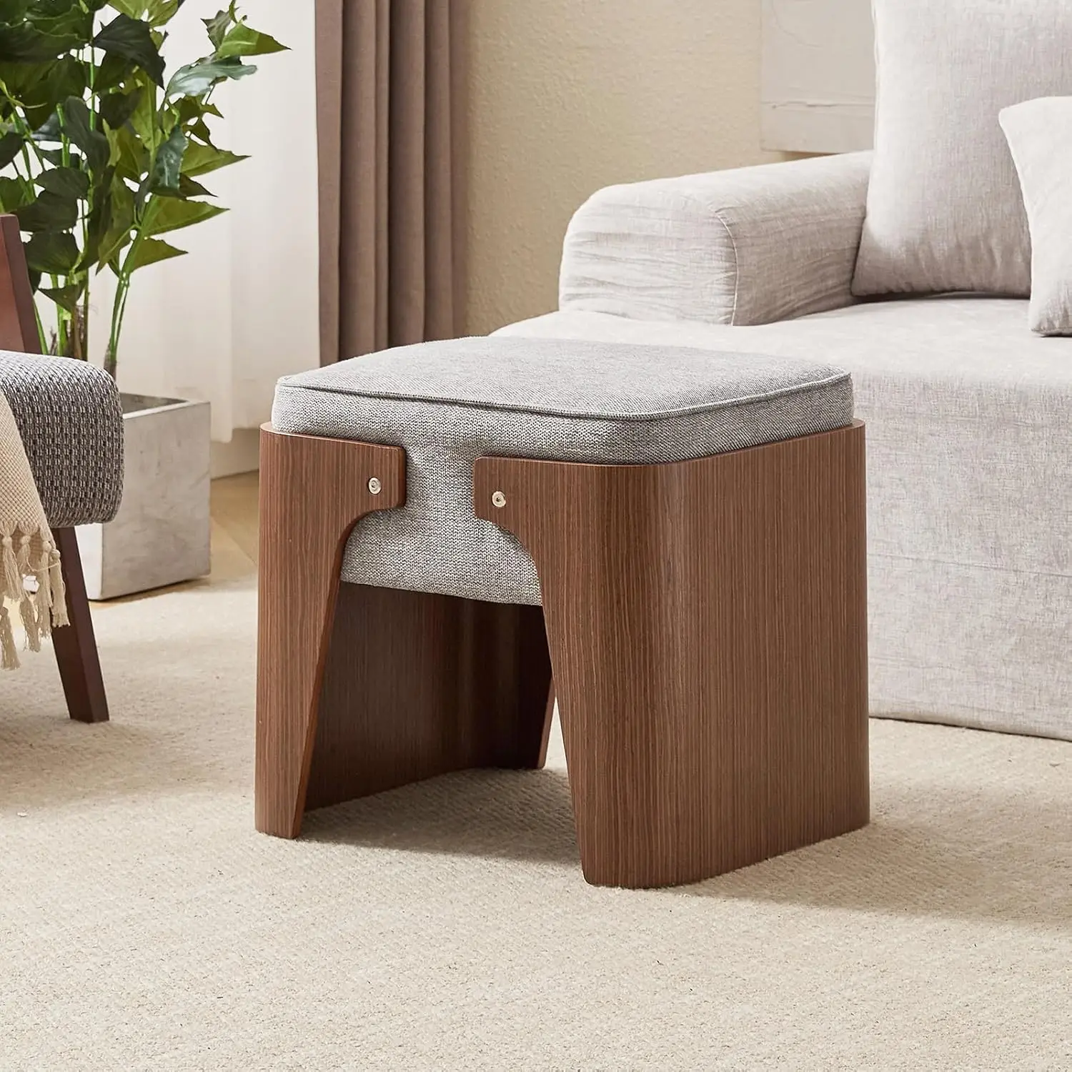 

Mid Century Modern Upholstered Ottoman Stool Wooden Walnut Legs Living Room Bedroom Entryway Grey, Customized