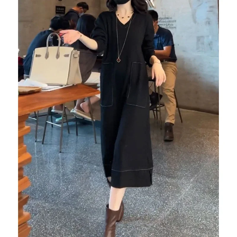 2023 New Spring and Autumn Season French Haute Couture Oversize Loose Casual Temperament Women's Long Sleeved Solid Color Dress