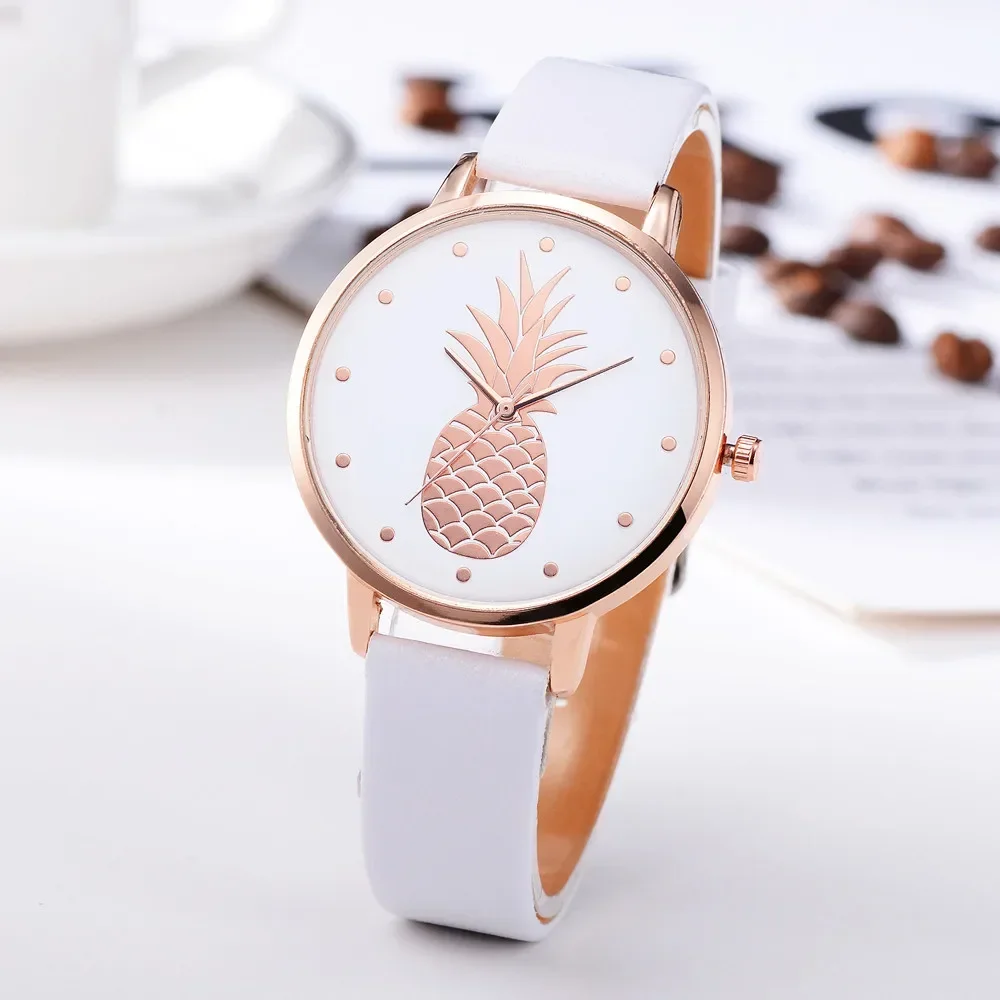 Pineapple Pattern Student Quartz Watch 2024 Leather Strap No Numeric Scale Women's Watch Alloy Dial Sports Fashion Wristwatches