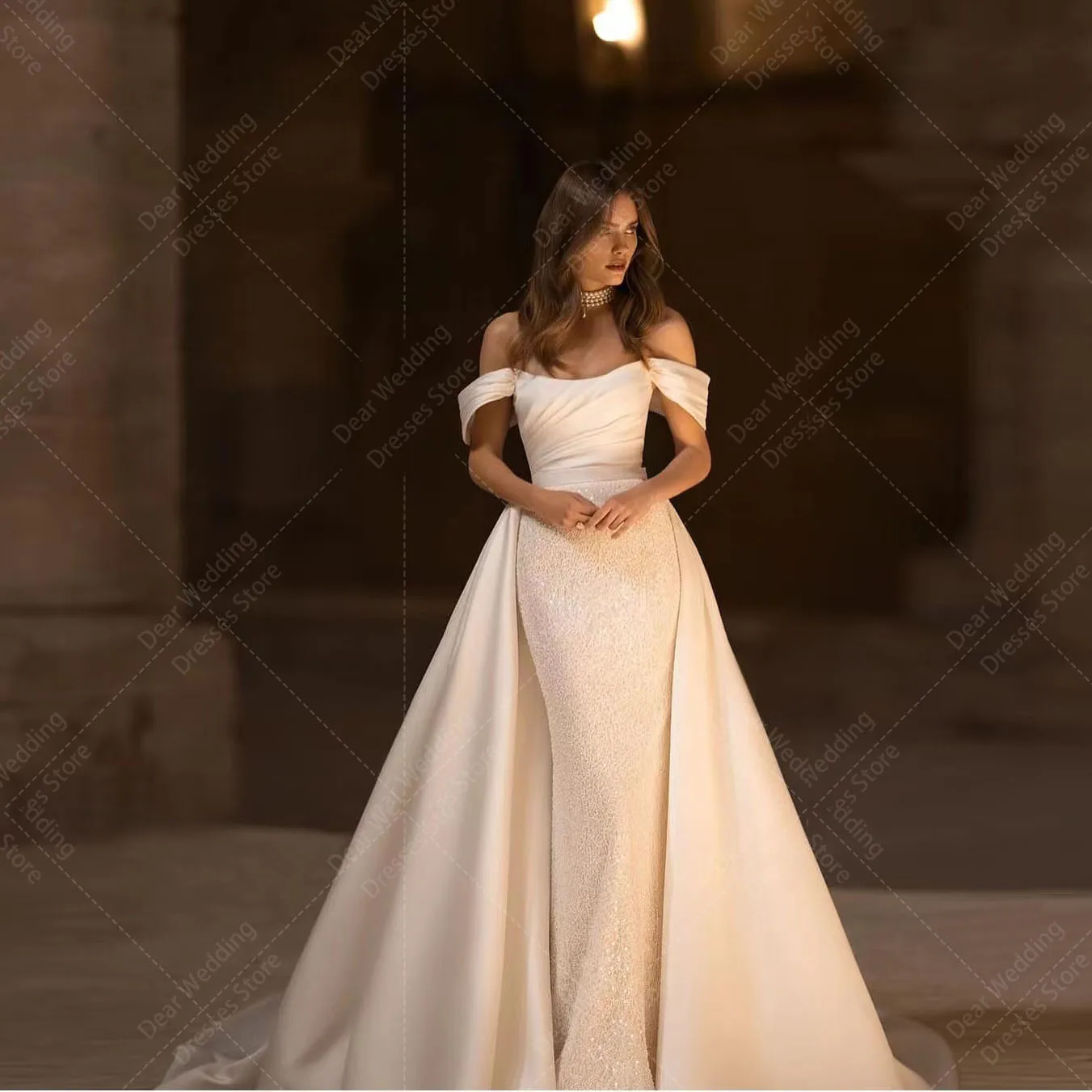 Vestidos de novia de sirena con perlas de lujo para mujer, Vestido de princesa sin hombros, satén, moda Formal, vestidos de novia de fiesta