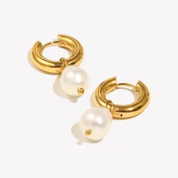 E.B.belle 2024 New Minimalist Waterproof Stainless Steel Jewelry Woman Earring Natural Freshwater Pearl Hoop Earrings For Women