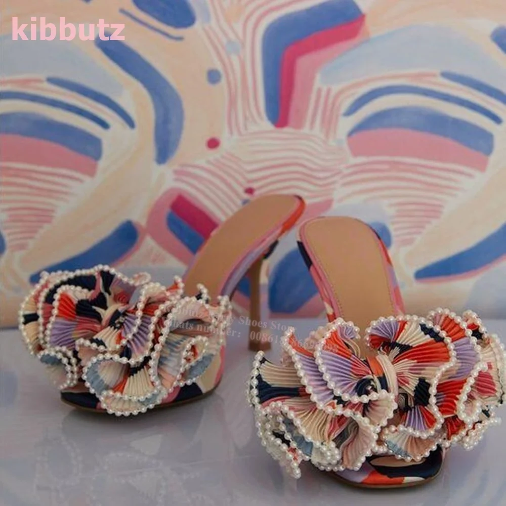 

Pearl Flower Slippers Square Toe Thin Heels Ruffles Floral Pleated Mixed Color Slip-On Fashion Elegant Sexy Shoes Summer Newest