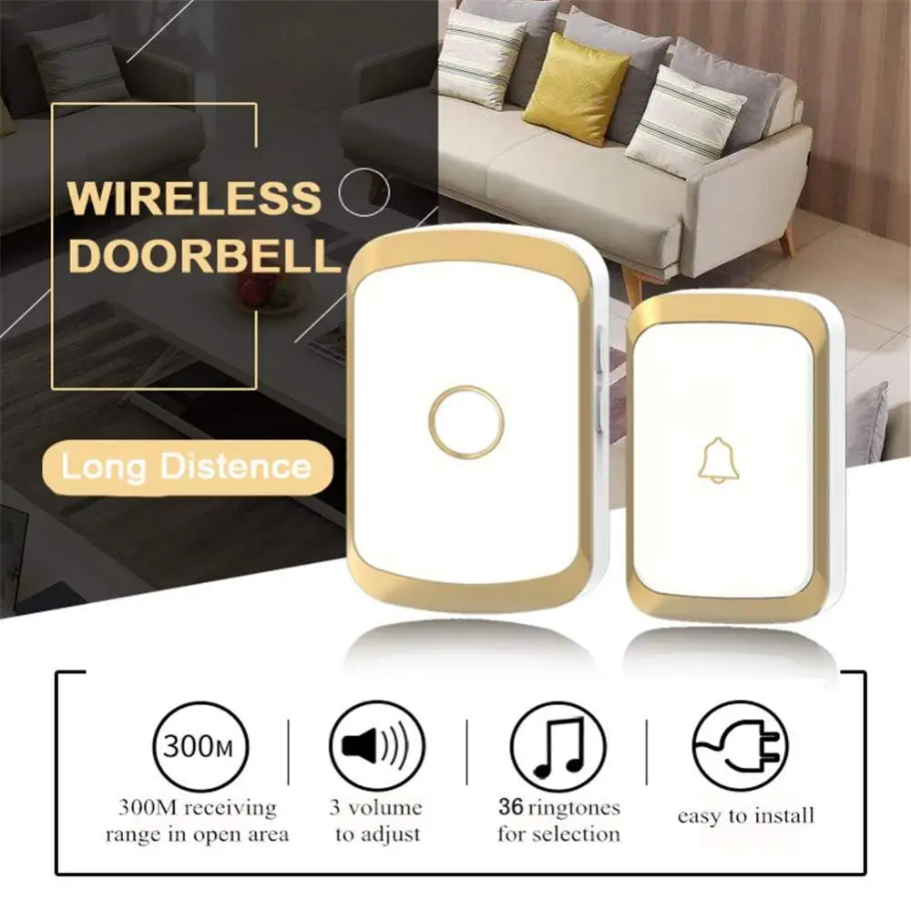 Wireless Doorbell 36 Chimes Door Ring 100-240V 300M Range IP44 Waterproof EU UK US Plug Receiver Door Bell