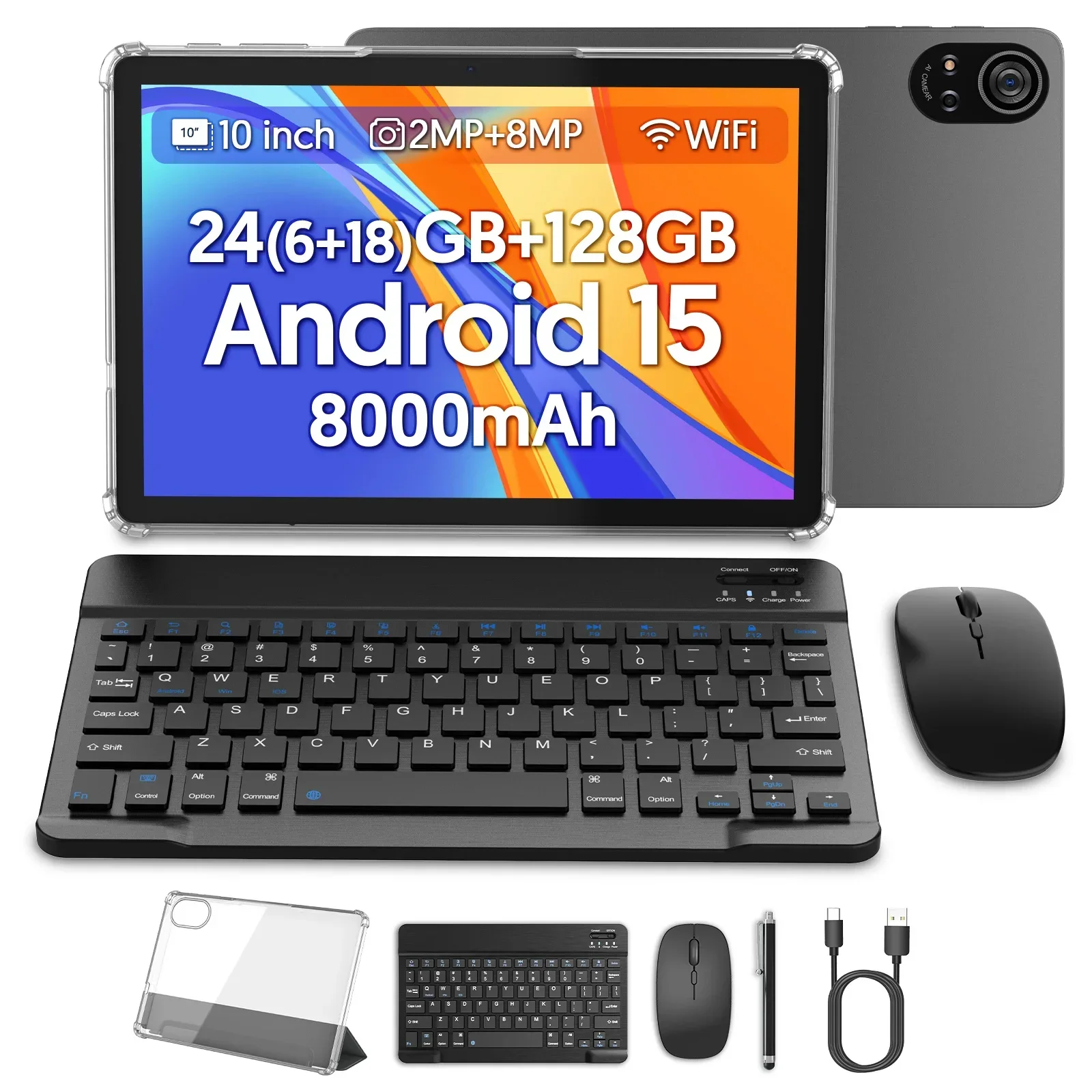 BAKEN 10-inch Android 15 Tablet, A333 Penta-Core Processor, 24GB (6GB + 18GB Expansion) RAM + 128GB ROM, 5G WiFi, 8000mAh