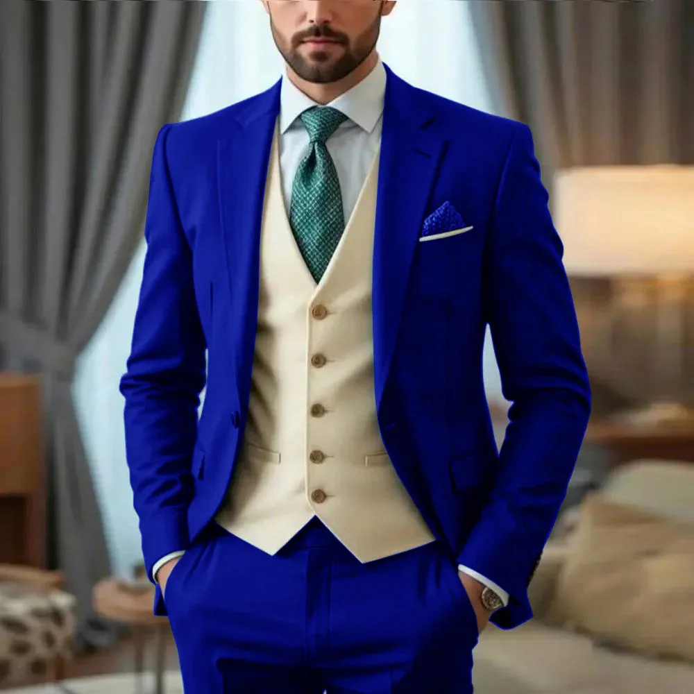3 Piece Oil Green Men Suits Business Formal Slim Fit Wedding Casual Groom Tuxedos Classic Style Business Jacket Pants Beige Vest