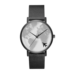 Reloj con diseño de avión para hombre y mujer, cronómetro con movimiento de cuarzo, banda de cuero, mapa del mundo, romántico, elegante