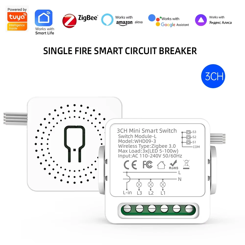 Interrupteur intelligent Tuya Zigbee 1/2/3 voies, disjoncteur intelligent, aucun fil neutre requis, compatible avec Smart Life, Alexa, Google Home, commande vocale