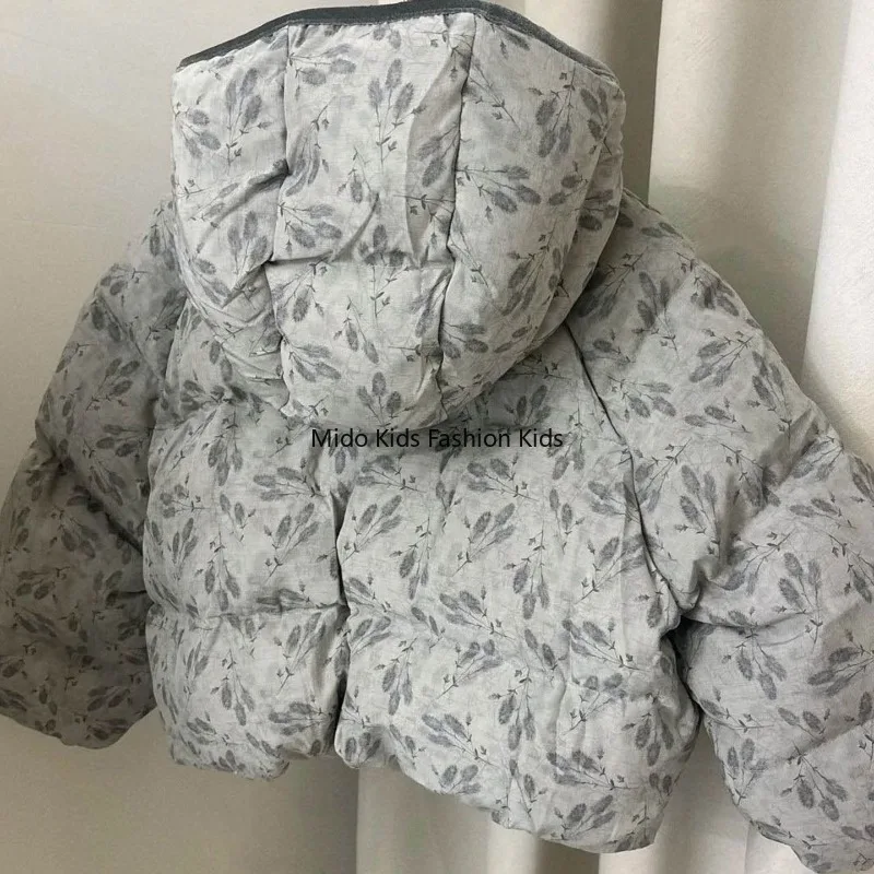 Big Kids Trendy Floral Down Jacket - Girls' New Winter Best Seller Thickened Grey Chic Kids' Coat for 100-170cm