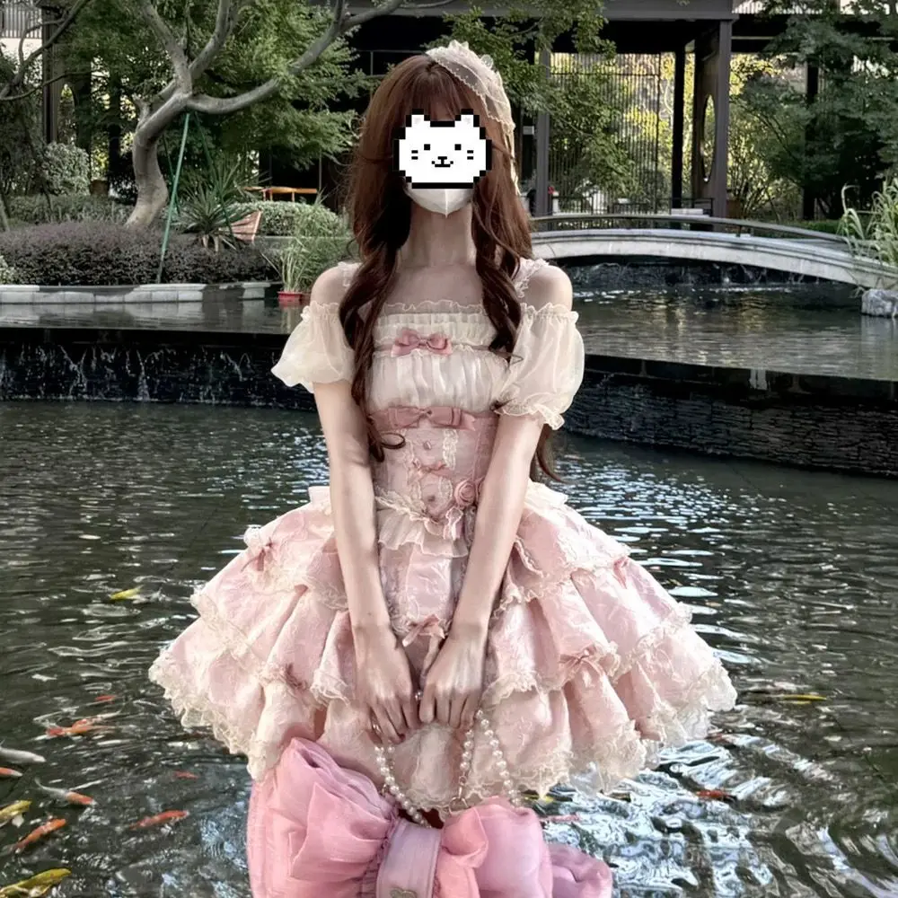 MAGOGO Silver Moon Kawaii Lolita Ballet Style JSK Dress Women Daily Sweet Pink Bow Lace Sling Princess Doll Dresses Y2k Vestidos