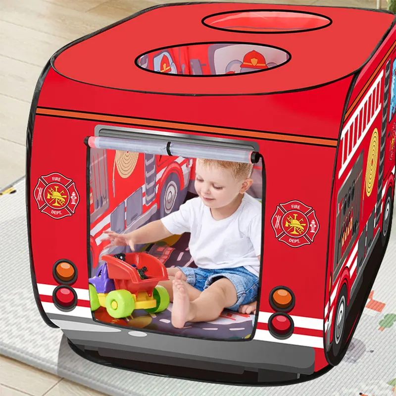 Tienda de juegos con temática de camión de bomberos para niños, casa de juguete para niños, interior y exterior, plegable, Pop-up, 3 aperturas, 2-3 personas