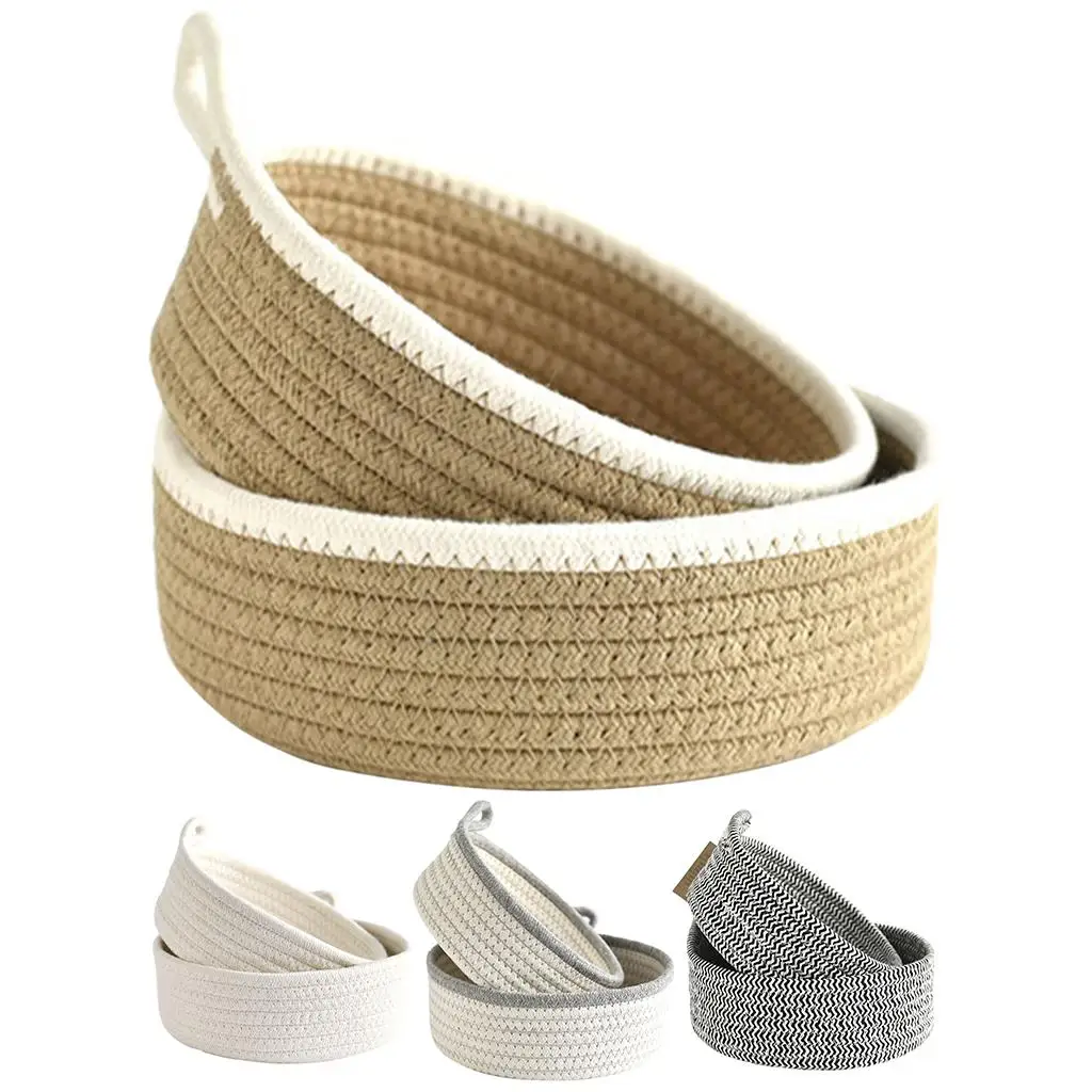 2Pcs Round Small Woven Baskets Set, Gifts Storage Closet Mini Tray Bins Organizing Rope Basket for Drawer, Door Nursery