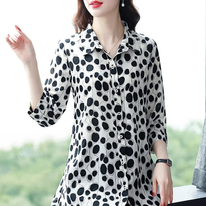 Simplicity Summer New Women's POLO Collar Print Single Breasted Fashion Casual Loose Mid-length 3/4 Sleeve Chiffon Shirt Tops
