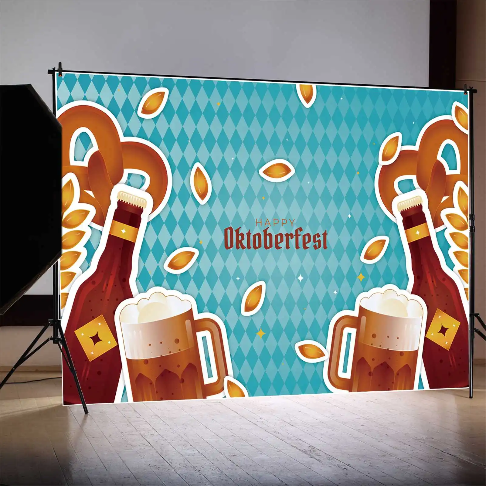 MOON.QG Backdrop Theresienwiese Oktoberfest Party Beer Festival Banner Photo Background Blue Check Wall Bottle Glass Decorations