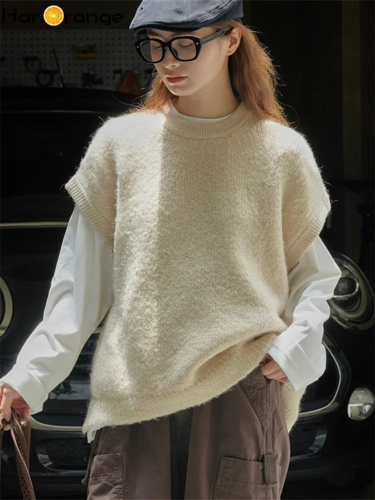 

HanOrange 2024 Spring Lazy Comfortable Wool Knit Vest Women Loose Silhouette Layered Soft Glutinous Sweater Female Apricot/Gray