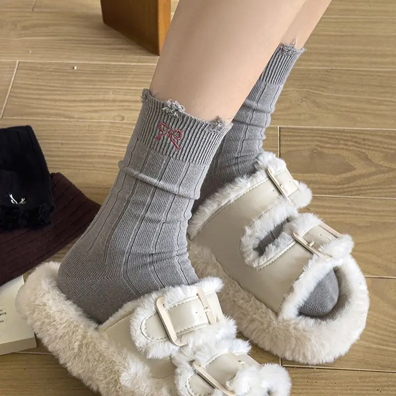 5 Pairs Women's Autumn Winter Socks Mid Tube Socks Bow Pile Socks Thick Socks Solid Color Simple Cashmere Socks Fashion Socks