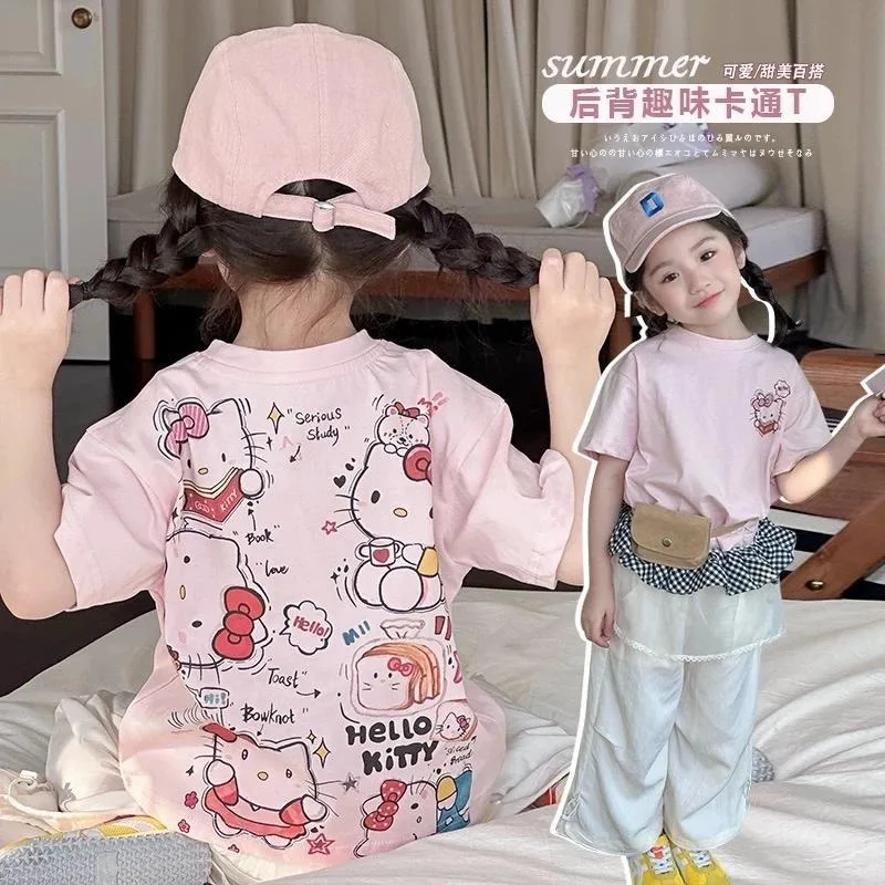 

Hello Kitty Anime Kawaii Sanrio Ins Fashion Cotton Short Sleeve Shirt Print Cute Cartoon Casual Hoodie Lovely Girls for Kids