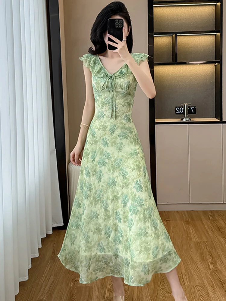 여성 그린 플로럴 쉬폰 시크 보우 러플 V넥 섹시 드레스 여름 우아한 캐주얼 비치 드레스 2025 한국 바디콘 파티 드레스