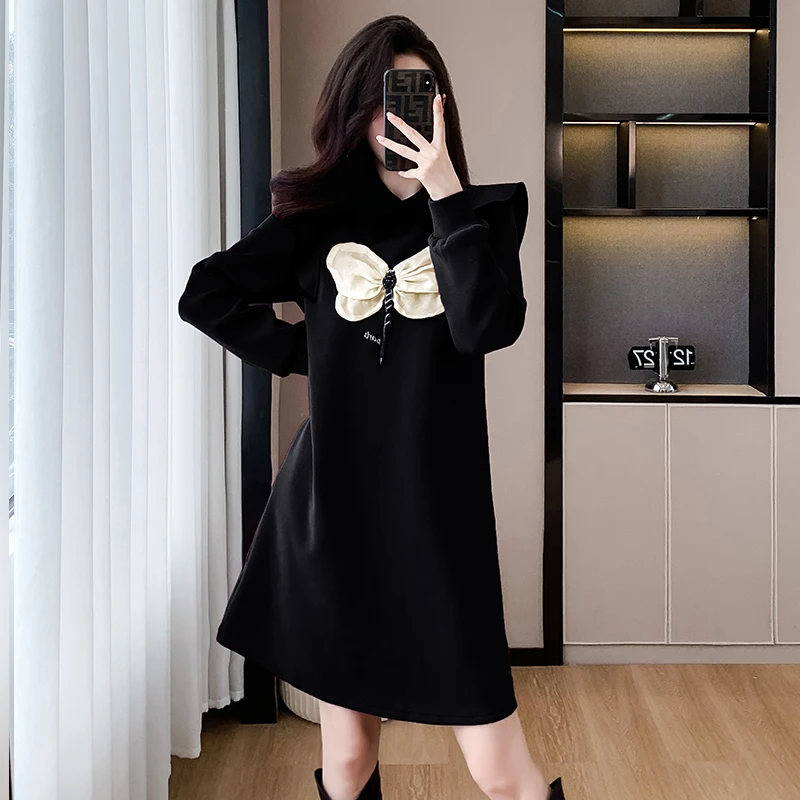 Women Cotton Mini Dresses Female O Neck Long Sleeve Large Size Elegant Autumn Winter 3D Decoration Black Purple Loose Vestidos