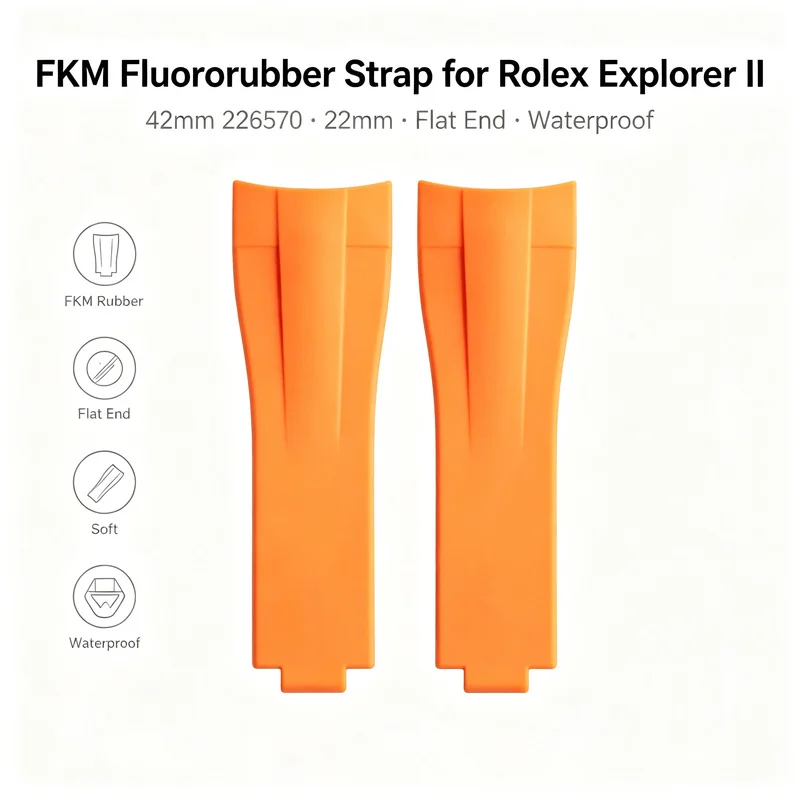 Premium Soft FKM Fluororubber Strap for Rolex Explorer II 42mm 226570 22mm Orange Flat End Waterproof Men Replacement Watch Band