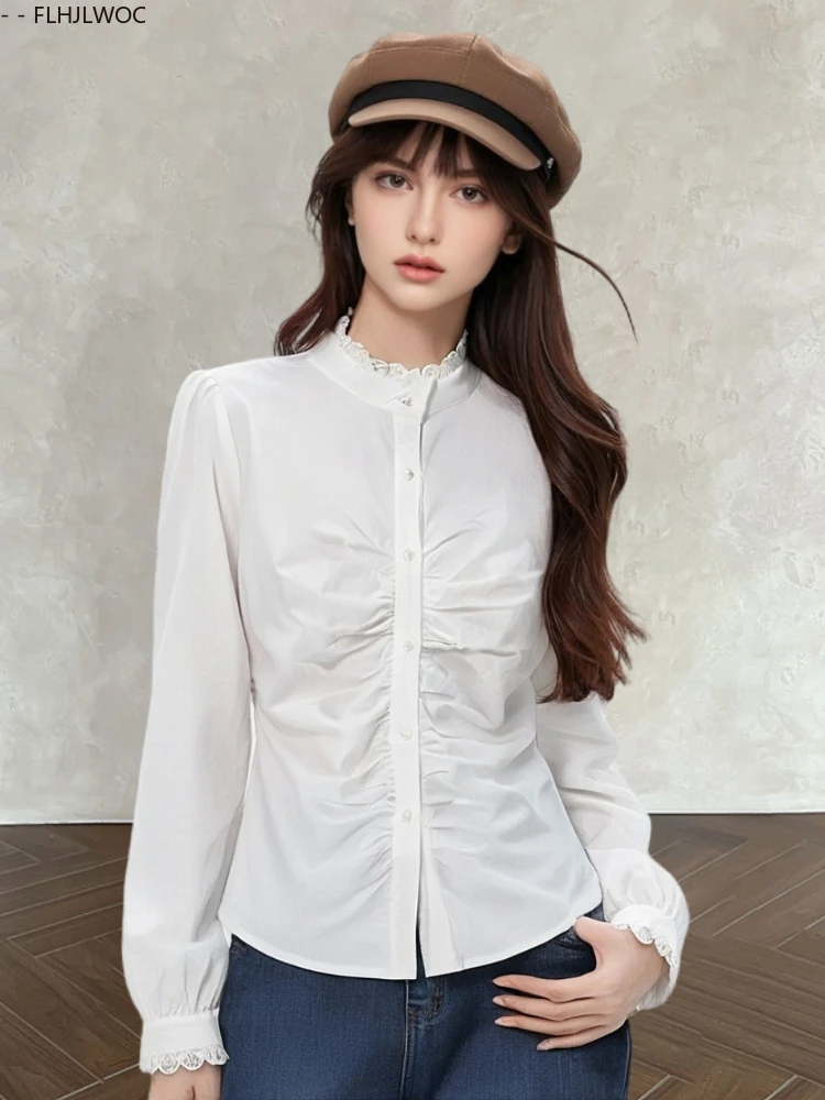 

Chic Korea Cute Button Up White Shirt Design Women Sweet Girls Long Sleeve Vintage Retro Stand Collar Slim Fitted Tops Blouses