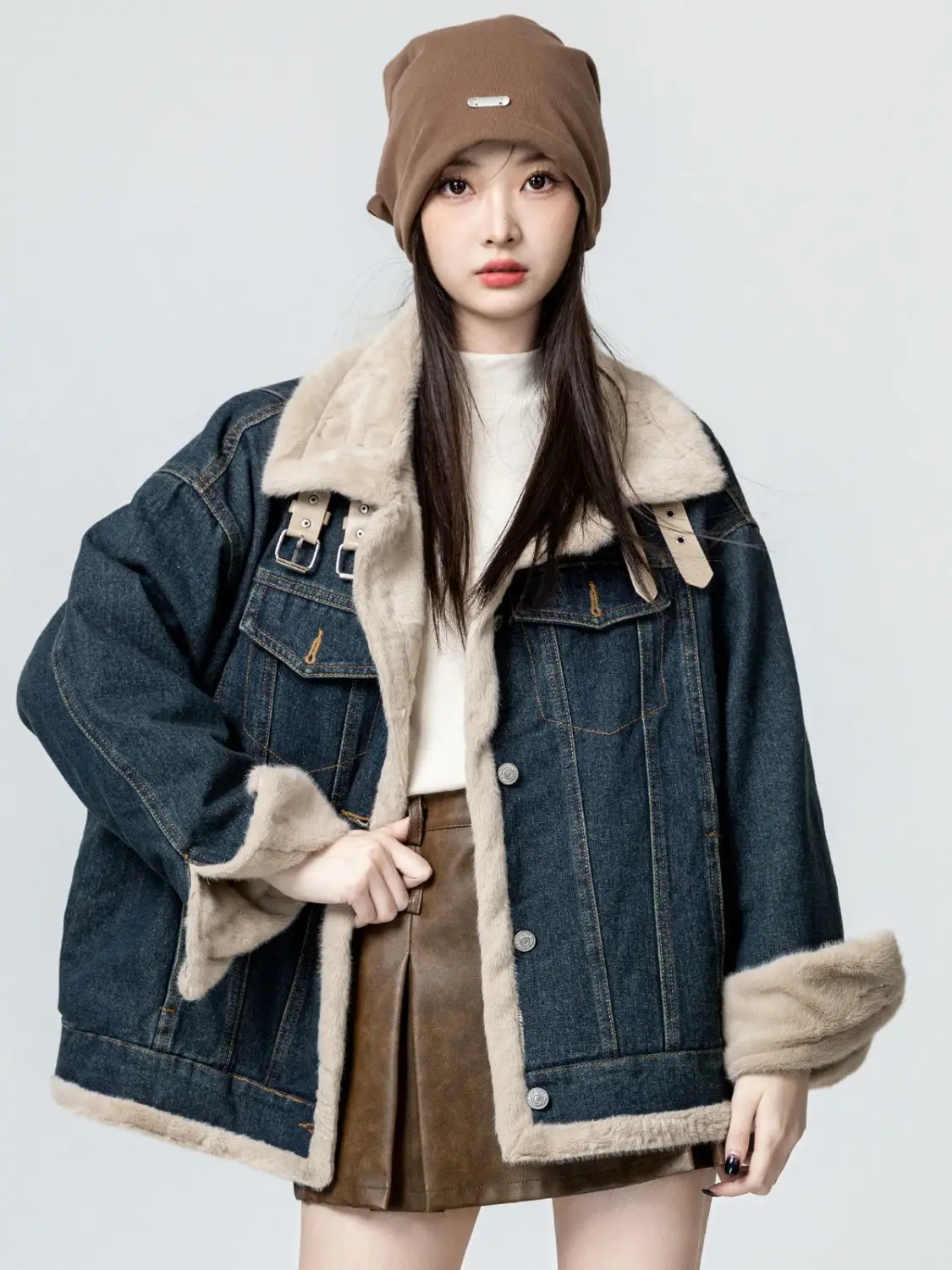 

Denim Coat Good Quality Fur Plush Womens Late Autumn Early Winter Cropped Spliced Retro Festival Appliques Ultra-Light Jackets