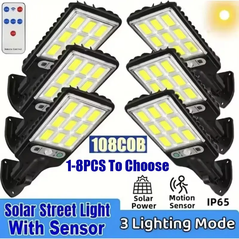 

1-8Pcs 108 Cob Solar Street Lights With Motion Sensor 3 Light Modes Outdoor Waterproof Security Led Solar Wall Lamps For Garden