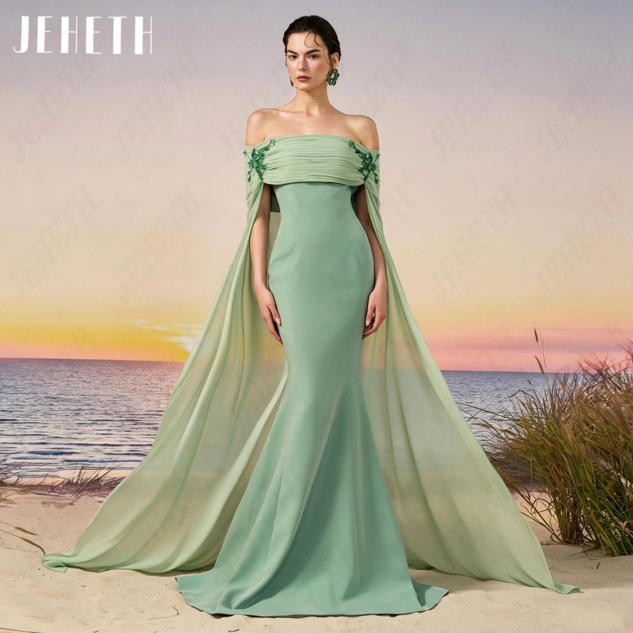 JEHETH Bordado plisado vestido de noche fuera del hombro cabo manga vestidos de fiesta para señora sirena suave satén vestido de baile longitud del piso suave satén vestido de noche bordado vestido de gala