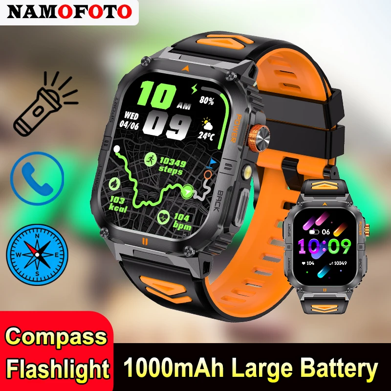

NAMOFOTO New Smartwatch 1000mAh Battery LED Flashlight Compass Dials Bluetooth Call Phone Music Multi-functions Smart Watch