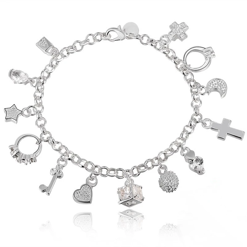 

925 Sterling Silver 13PCS Cross Lock Hearts Bracelets For Women Fashion Luxury Jewelry Jewellery