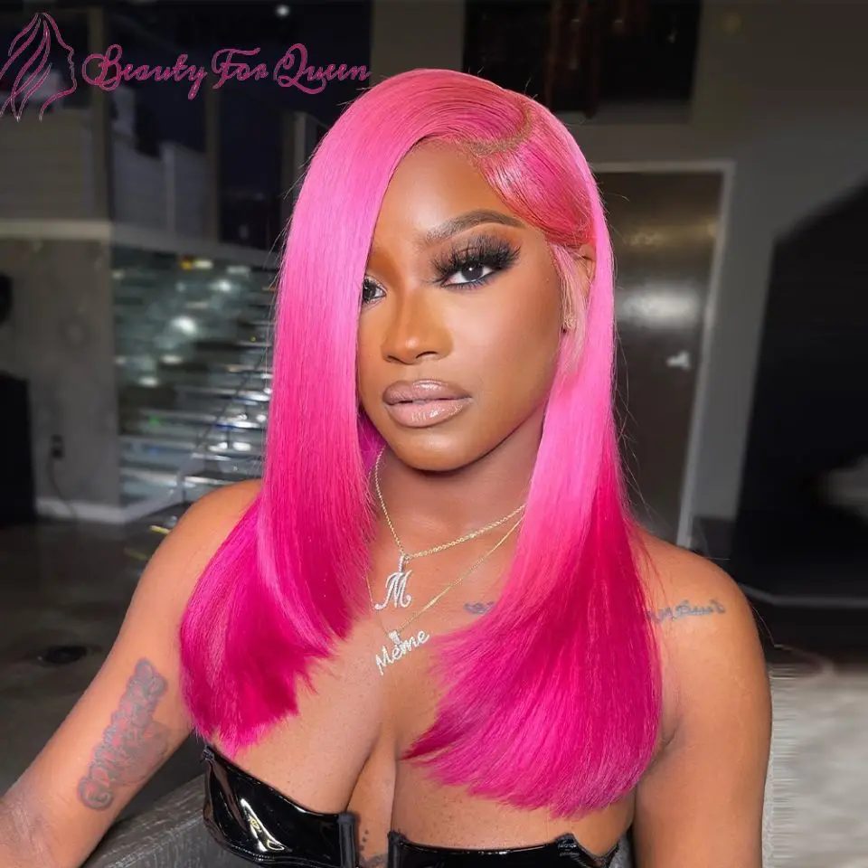 Hot Pink Short Bob Wig 13x4 Lace Front Human Hair Wigs Colored Virgin Human Hair Silky Straight Transparent Lace Wig 180 Density