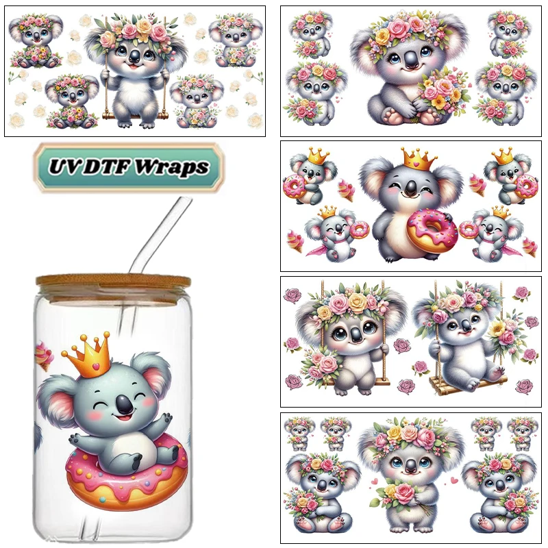 Cute Koala UV DTF Wraps, Kawaii Flower & Donut Stickers for 16oz Glass Cans, Waterproof DIY Transfer Decals