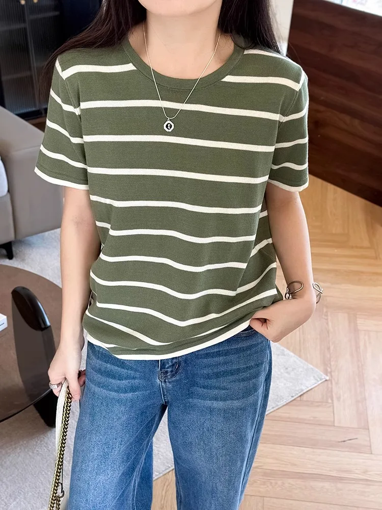 تي شيرت نسائي جديد محبوك من القطن الخالص لعام 2025 تي شيرت نسائي مستدير Ne مخطط اللون بلو فضفاض للتخسيس غير رسمي f Sve irt