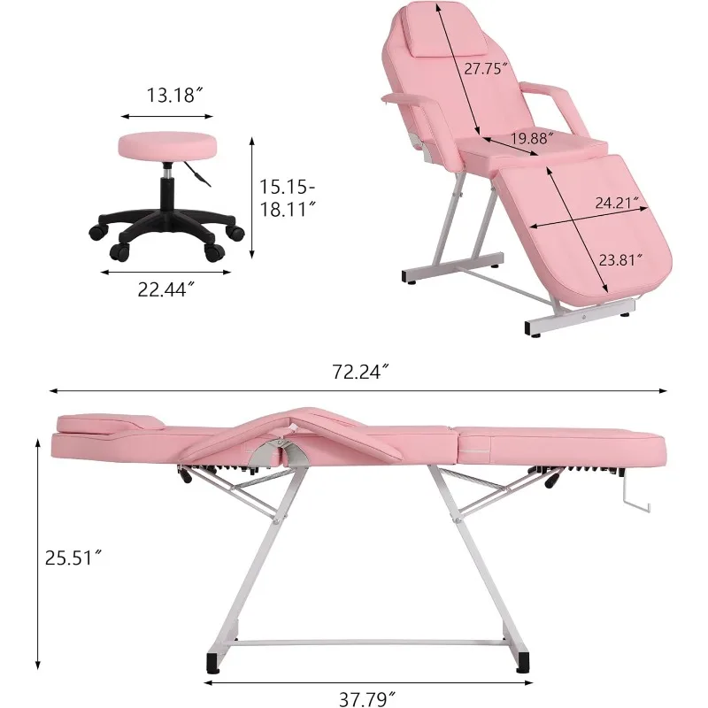 Massage Table Tattoo Chair Spa Beds with 360 Swivel Spa Stool, 72 Inch Multi-Purpose 3-Section Facial Beds, Adjustable Facial Be