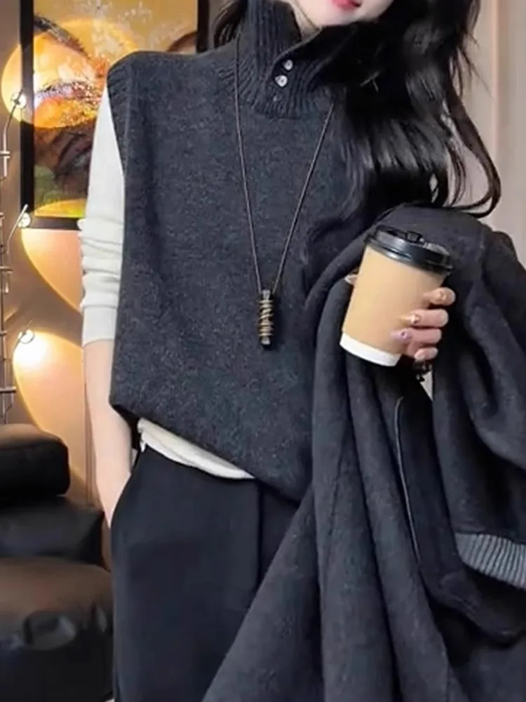 

Pure Color High Collar Svel Knitted Sweater Simple Lazy Sle Vest Top Slimming Effect Comfortable Fit Online Exclusive