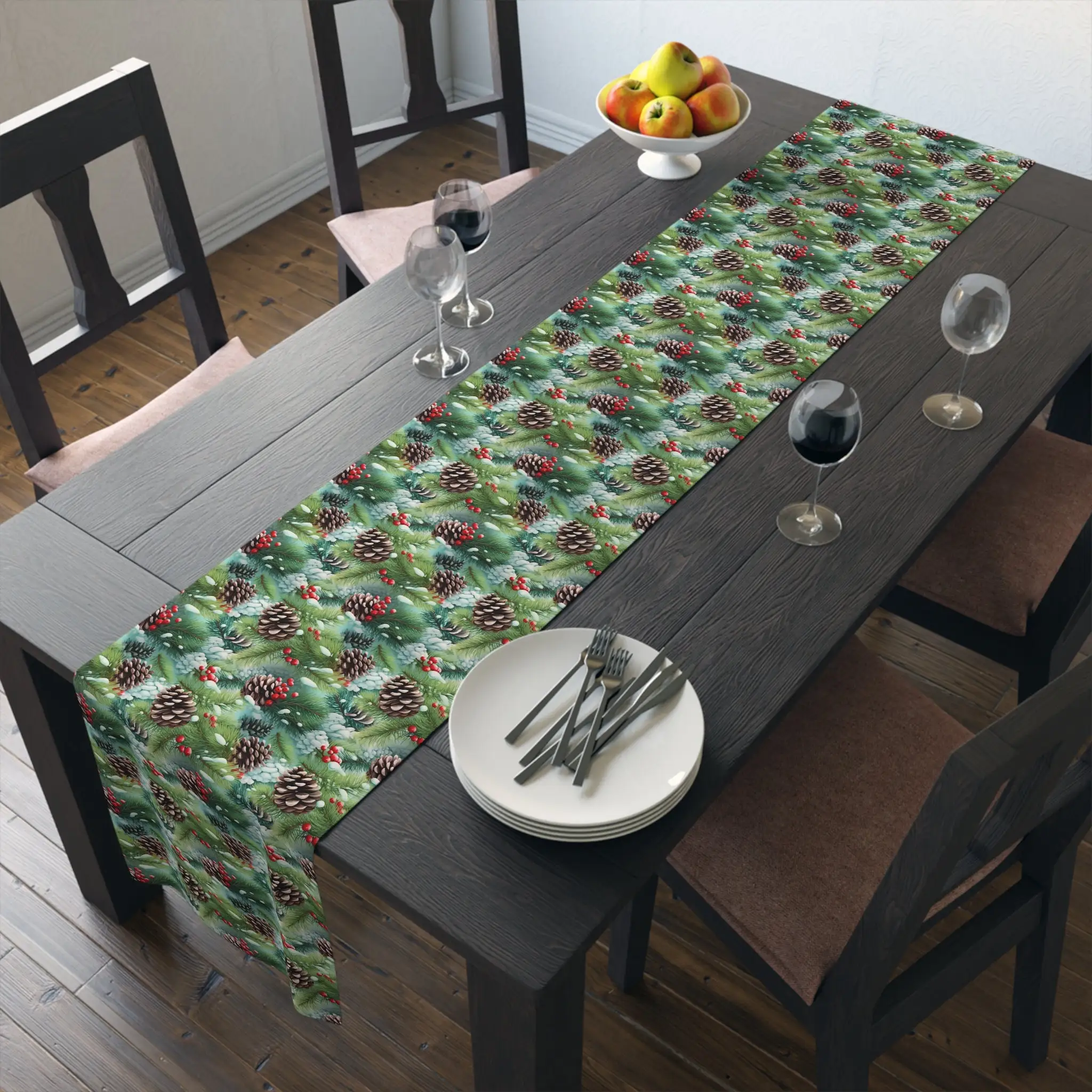 3D Winter Greenery Christmas Table Runner, Holiday Seasonal Pine Kitchen Dining Room Table Scarf Celebration Party Decor