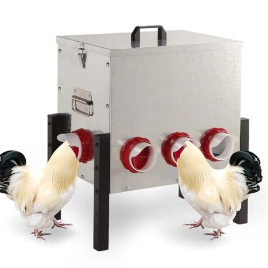 

Outdoor poultry feeder for hens and free-range flocks: metal, gray, 50LB capacity with cover, 8 ports, adjustable legs, rainpro