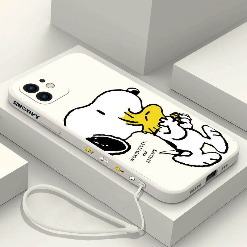 Lovely Cartoon Phone Case For iPhone 15 14 13 12 11 Pro Max Mini X XR XSMAX 8 Plus S-Snoopys Soft Silicone Cover With Hand Strap